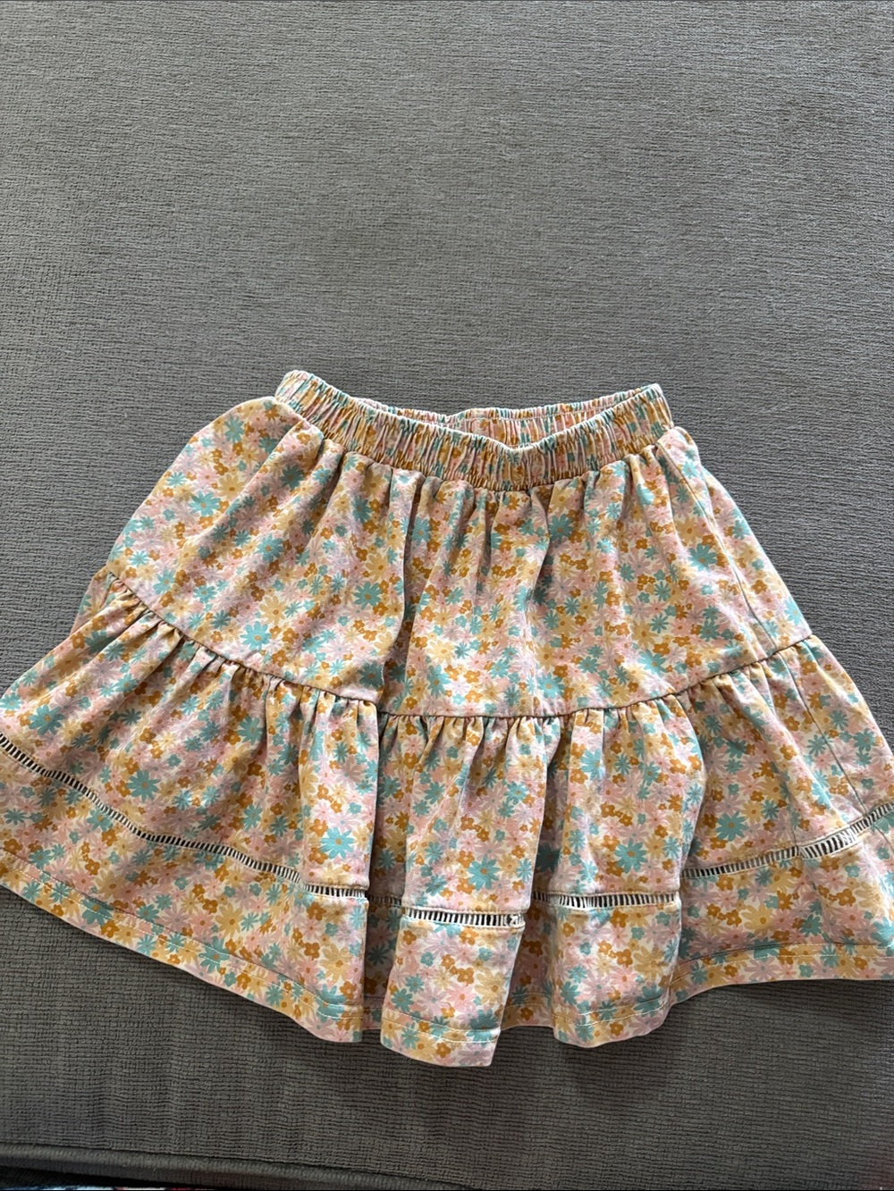 Girls' Tiered Floral Skirt in Pastel Yellow and Teal